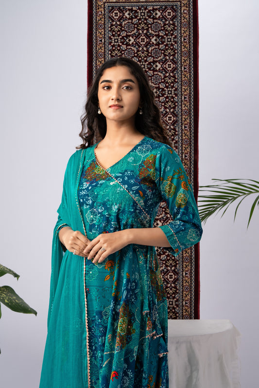 Teal Blue Floral Print Rayon Kurta Set with Dupatta