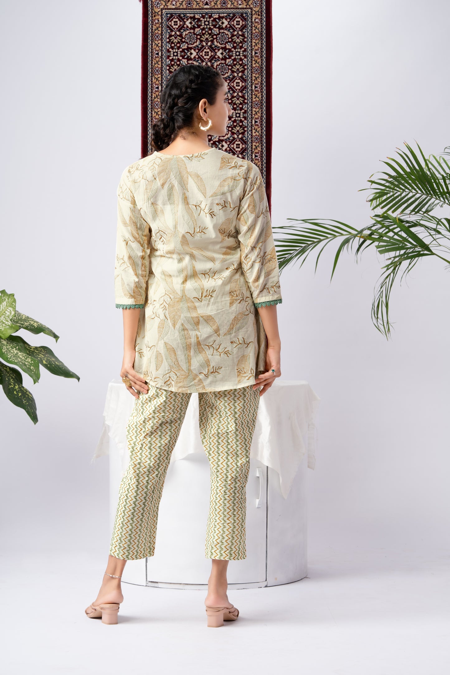 Cream & Leaf Print Pure Cotton Co-Ord Set