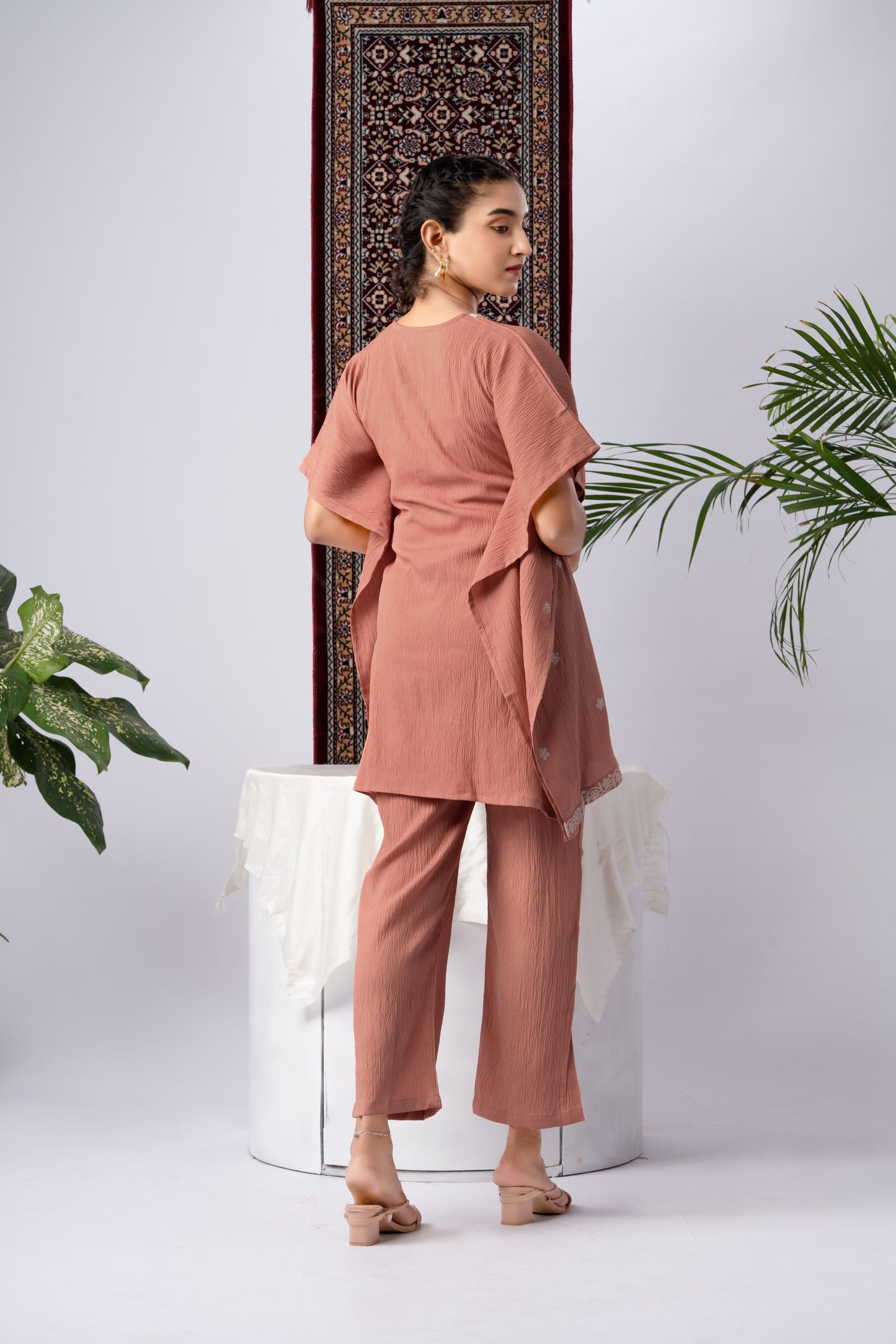 Peach Embroidered Pure Silk Co-Ord Set with V-Neck