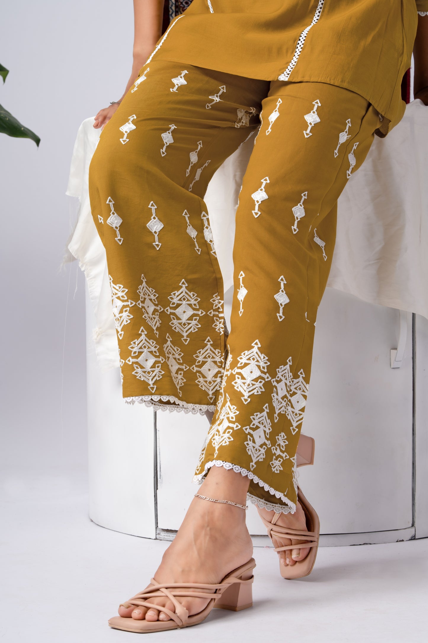 Mustard & White Embroidered Silk Blend Co-Ord Set