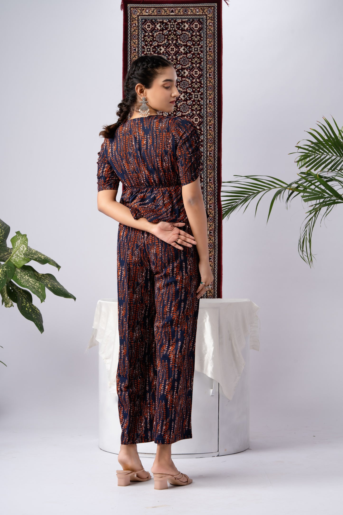 Navy Blue & Abstract Print Pure Silk Co-Ord Set