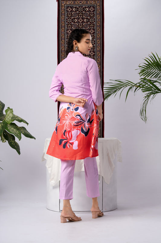 Purple & Coral Floral Print Viscose Rayon Co-Ord Set with Shirt Collar