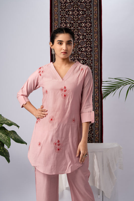 Blush Pink Embroidered Viscose Rayon Co-Ord Set