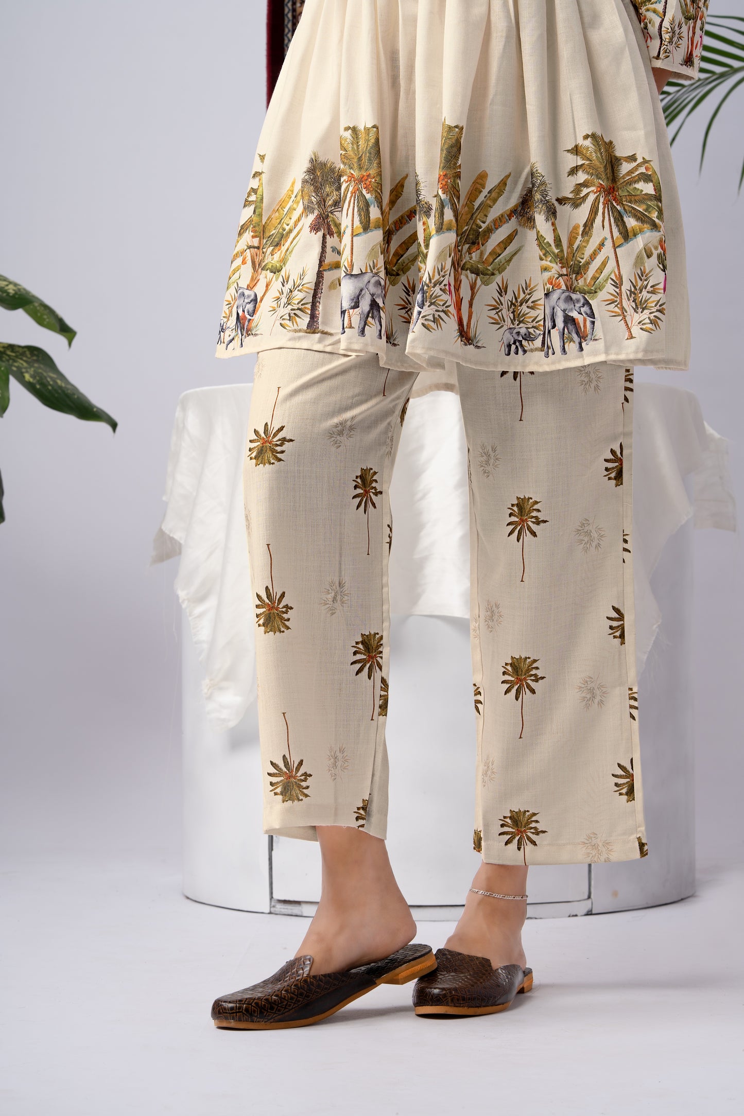 Cream & Beige Elephant Print Viscose Rayon Co-Ord Set