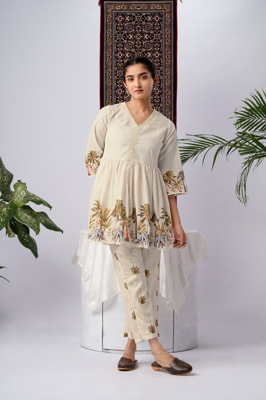 Cream & Beige Elephant Print Viscose Rayon Co-Ord Set