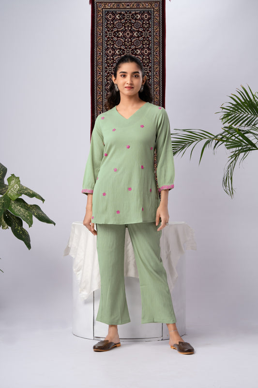Pastel Green Silk Embroidered Co-Ord Set