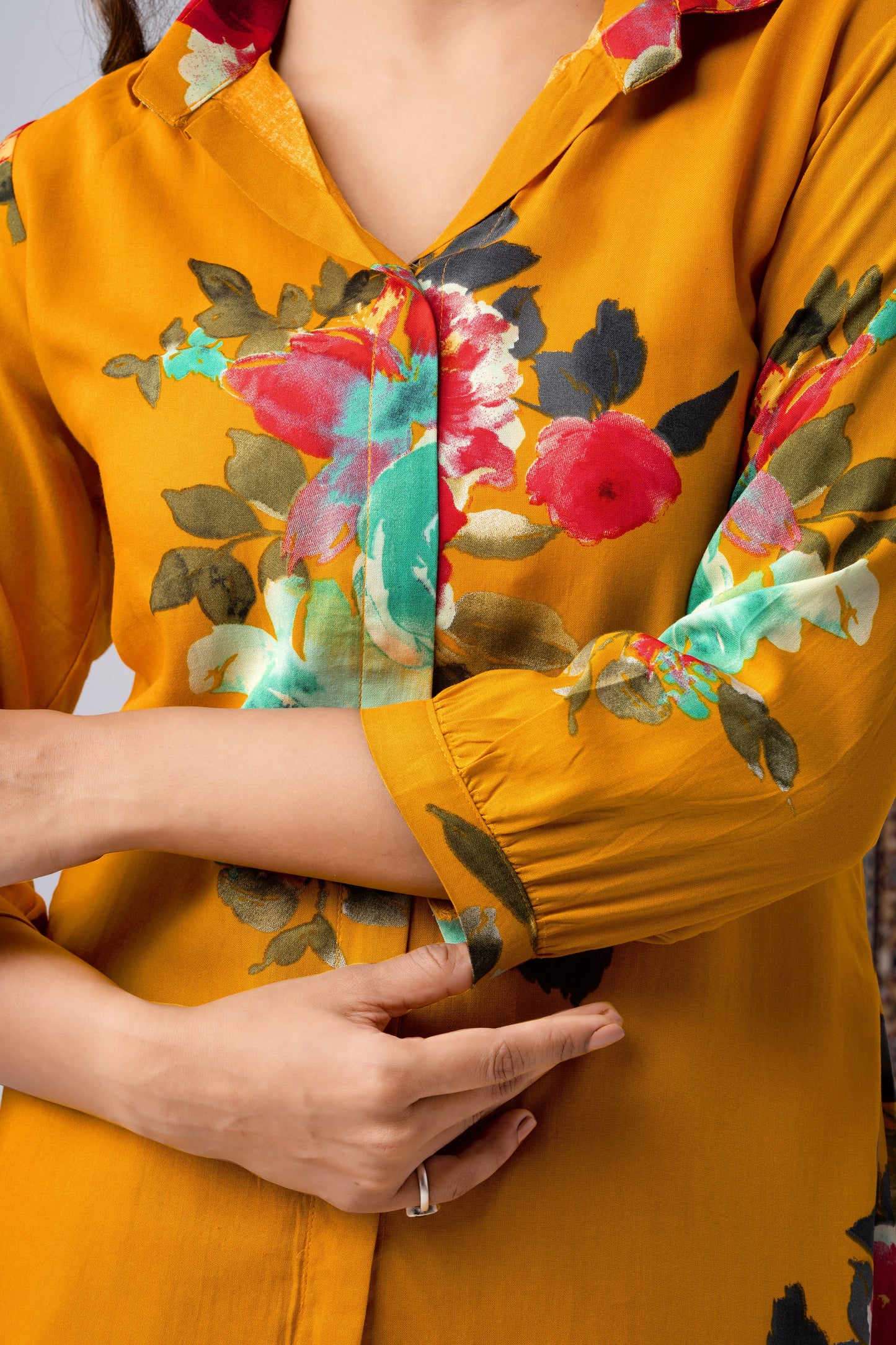 Mustard Yellow Floral Print Silk Blend Co-Ord Set