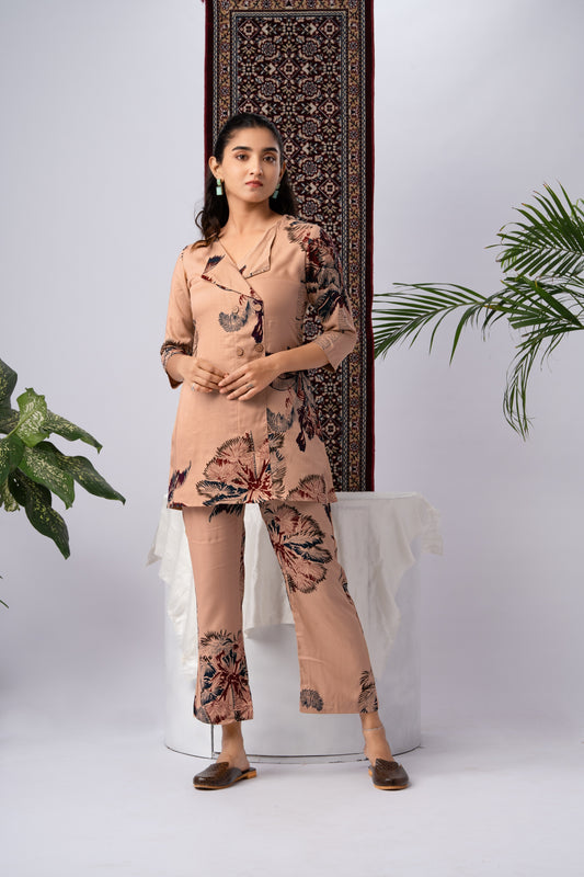 Beige & Maroon Abstract Floral Pure Silk Co-Ord Set