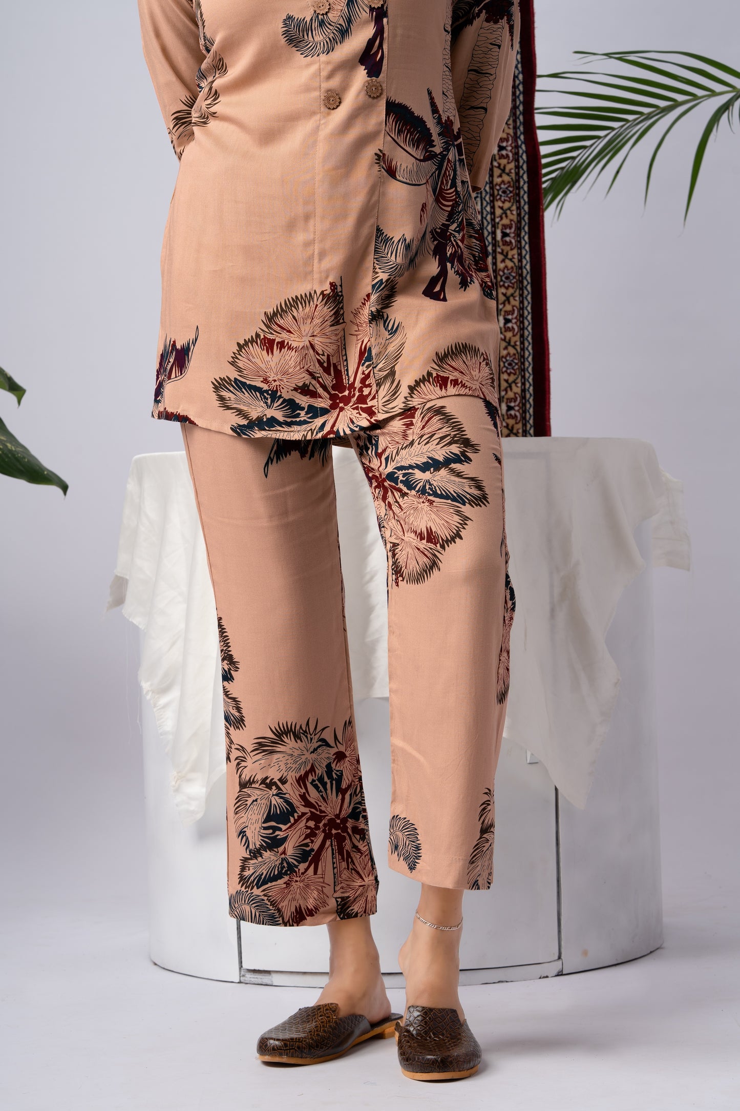 Beige & Maroon Abstract Floral Pure Silk Co-Ord Set