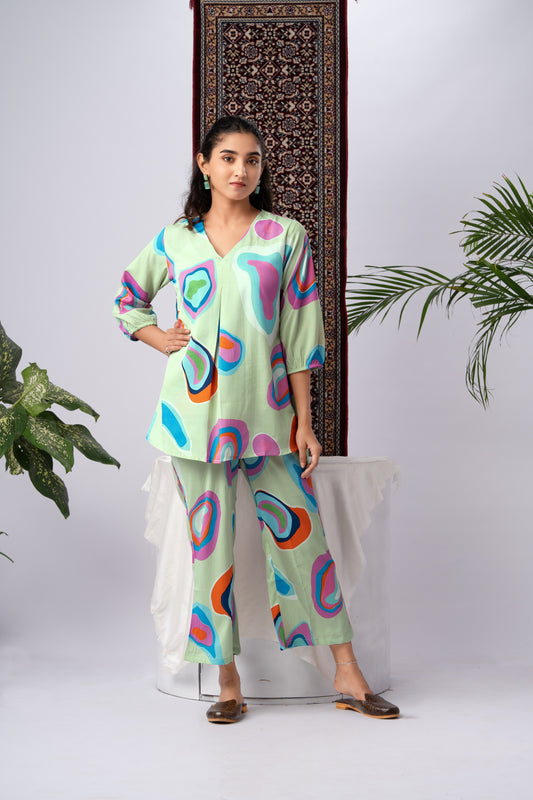 Lime Green Multicolour Abstract Print Silk Blend Co-Ord Set