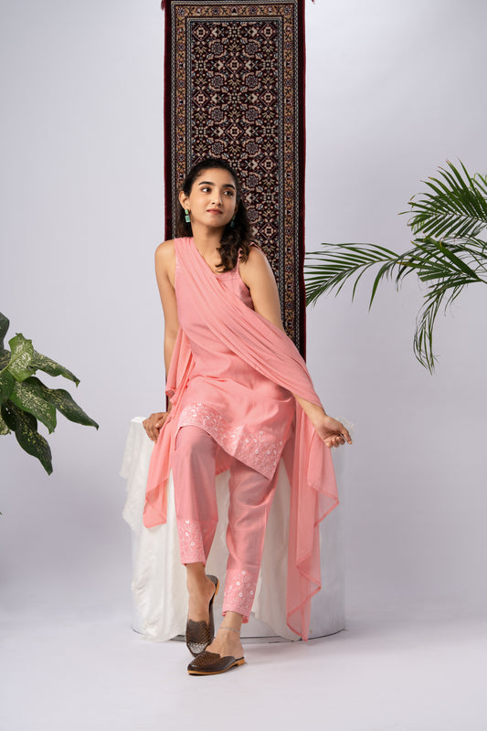 Dusty Pink Embroidered Rayon Kurta Set with Dupatta