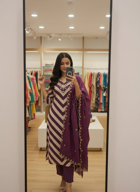 Wine Purple Chanderi Embroidered Kurta Set with Dupatta