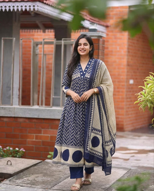 Navy Blue Pure Cotton Printed Kurta Set with Dupatta