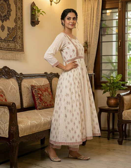 Cotton Chikankari Anarkali Kurta Set with Mirror Work & Malmal Dupatta
