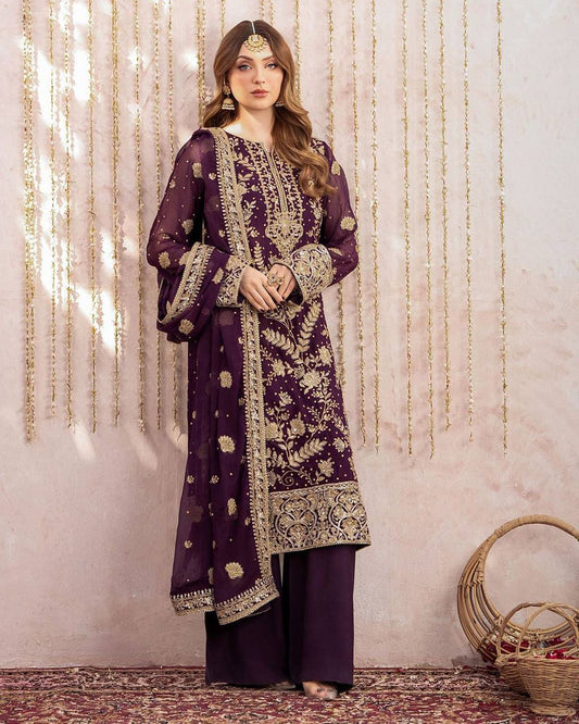 Wine Georgette Sequin Embroidered Kurta Palazzo Set with Dupatta