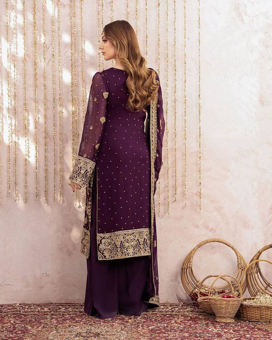 Wine Georgette Sequin Embroidered Kurta Palazzo Set with Dupatta