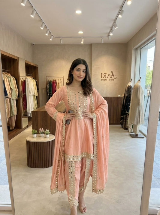 Peach Chanderi Mirror Work Kurta Set with Tulip Dhoti & Dupatta