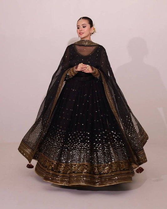 Black Butterfly Net Anarkali Suit with Thread Sequence Work & Dupatta