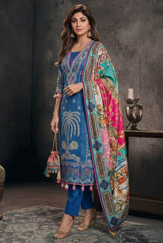 Royal Blue Rasbari Silk Kurta Set with Handwork Neck & Designer Dupatta