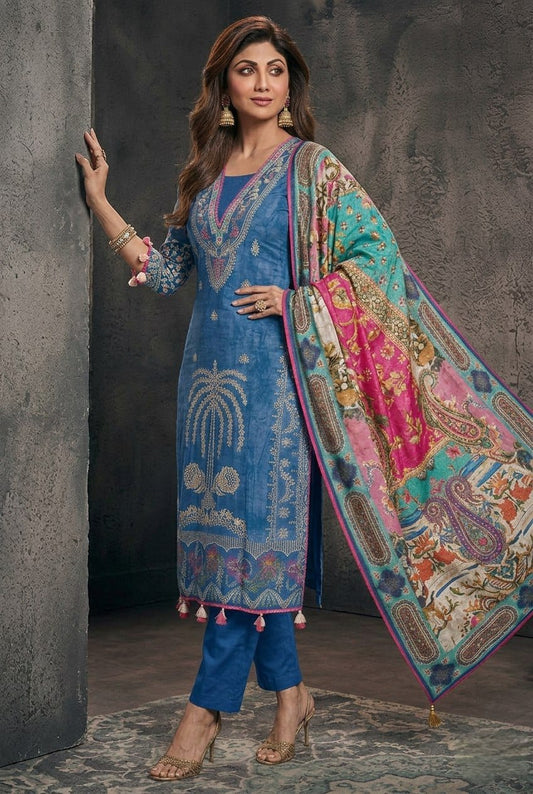 Royal Blue Rasbari Silk Kurta Set with Handwork Neck & Designer Dupatta