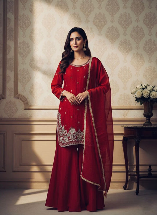 Red Fendy Sequin Embroidery Kurta Palazzo Set with Dupatta for Women