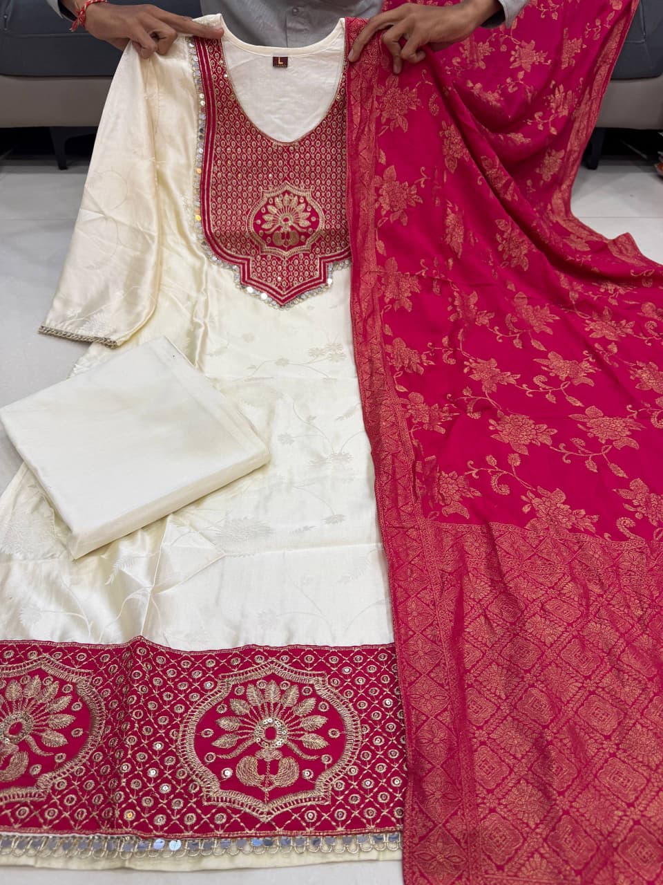 Pure Banarasi Jacquard Kurta Set with Embroidered Neck & Banarasi Dupatta