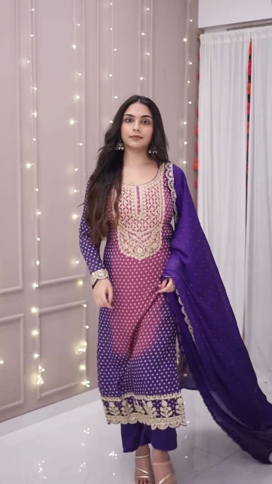 Royal Purple Printed Chinon Kurta Set with Sequin Embroidery & Dupatta