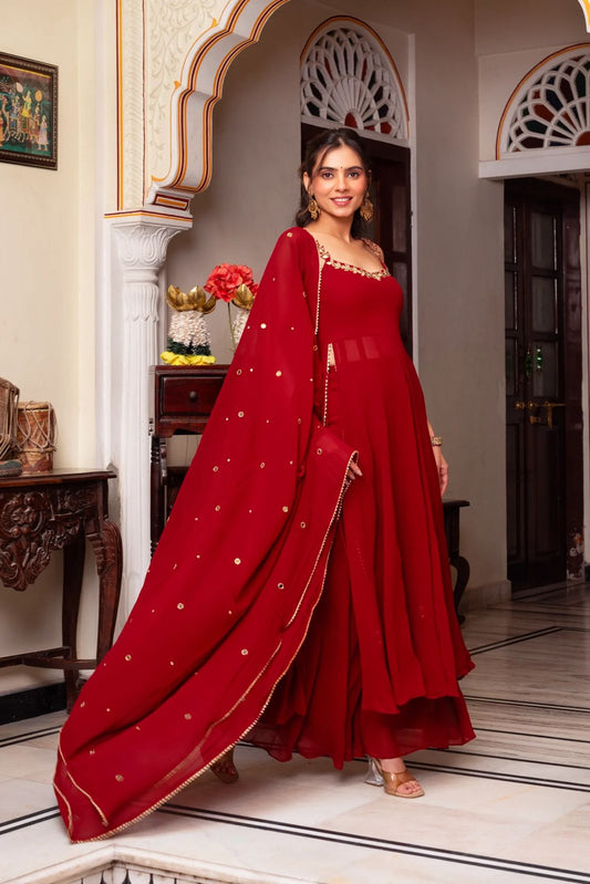 Red Georgette Anarkali Kurta Set with Real Mirror Work, Palazzo & Dupatta