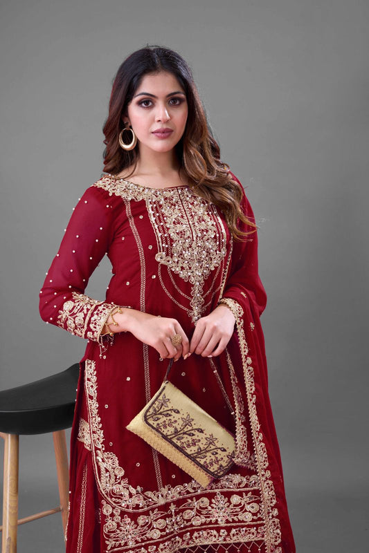 Wine Faux Georgette Embroidered Sharara Suit with Dupatta