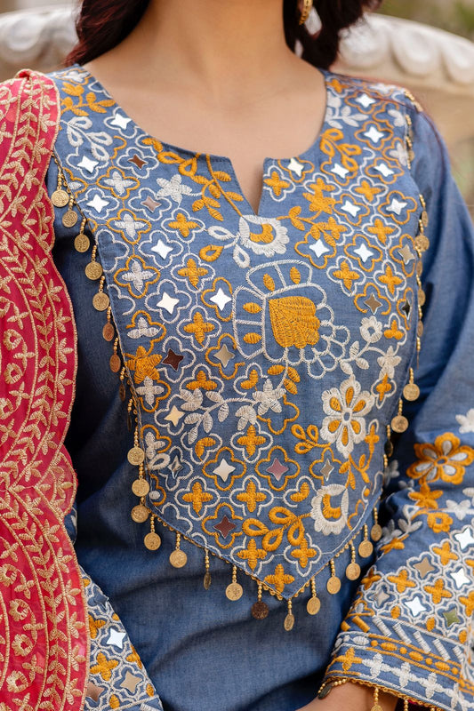 Blue Denim Cotton Embroidered Kurta Pant Set with Pink Georgette Dupatta