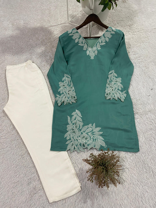 Sea Green Embroidered Mal Cotton Co-Ord Set