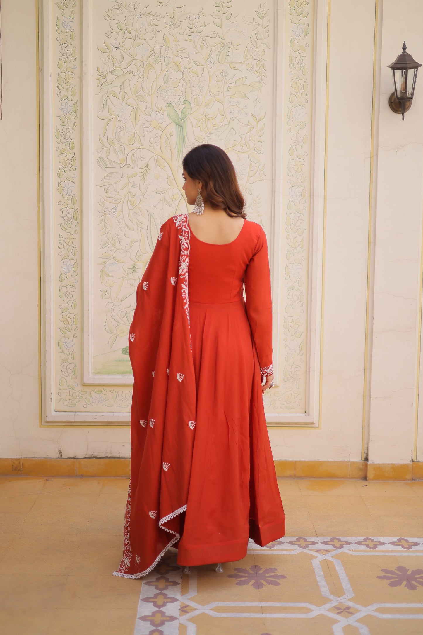 Rust Red Mal Chanderi Embroidered Gown Set with Beads Work & Designer Dupatta