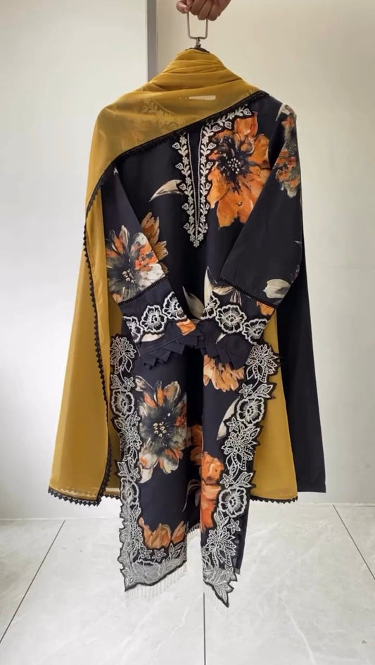 Black Printed Muslin Pakistani Suit Set with Dupatta