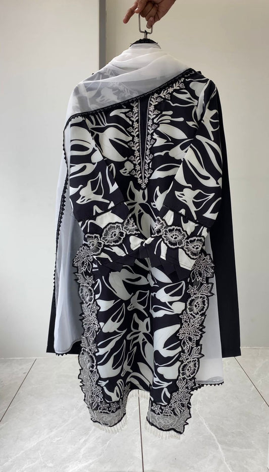 Black Printed Muslin Pakistani Suit Set with White Dupatta