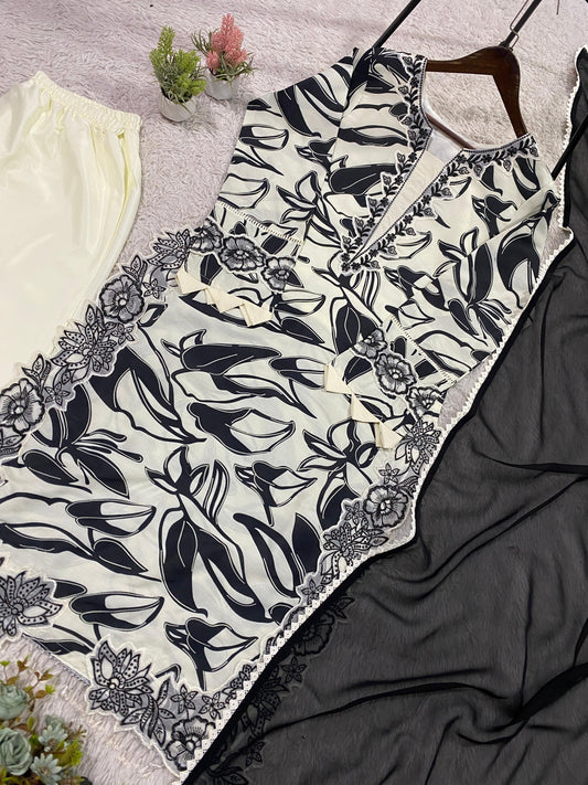 Off White Printed Muslin Pakistani Suit Set with Black Dupatta