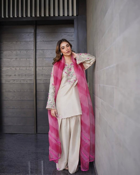 Beige Embroidered Farsi Salwar Suit Set with Pink Organza Dupatta