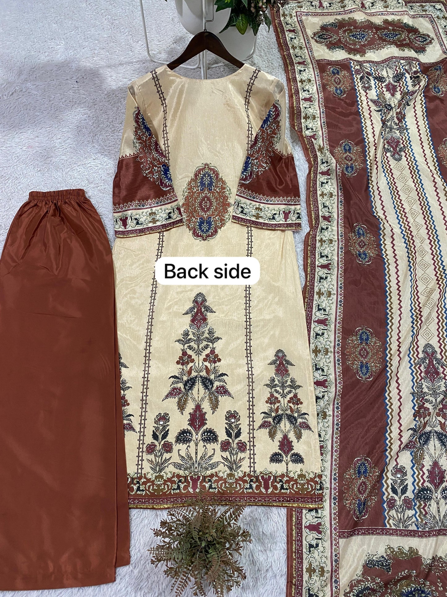 Cream Printed Chinon Suit Set with Rust Brown Dupatta