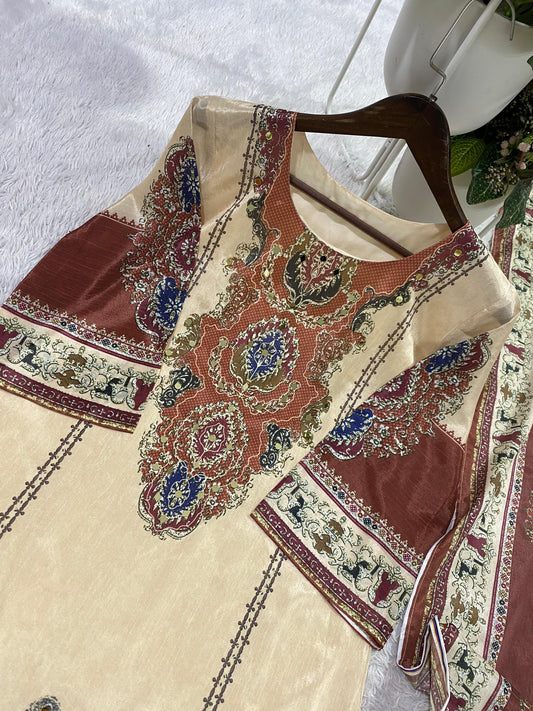 Cream Printed Chinon Suit Set with Rust Brown Dupatta