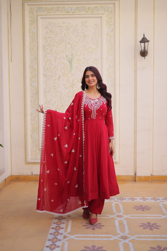Wine Red Mal Chanderi Embroidered Gown Set with Pant & Designer Lace Dupatta