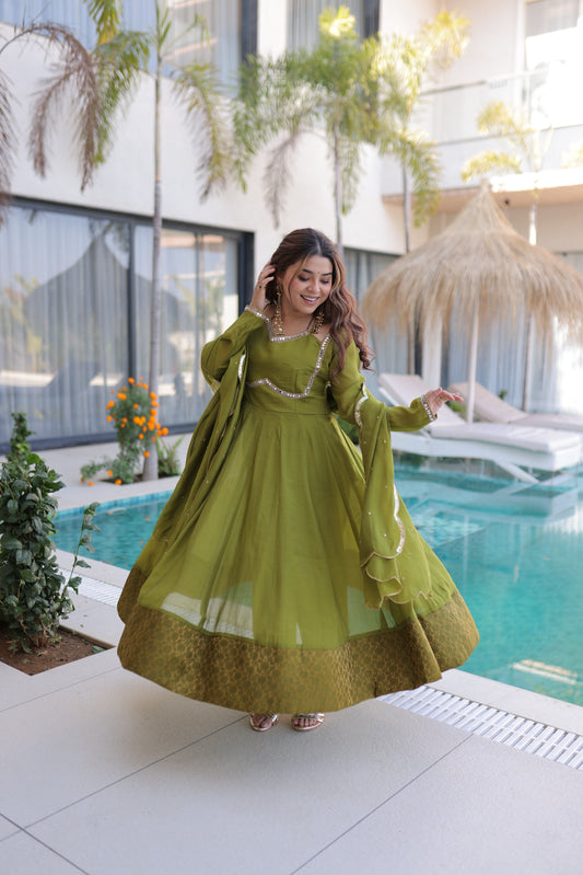 Olive Green Mul Chanderi Anarkali Kurta Set with Mirror Lace Work & Sequins Dupatta