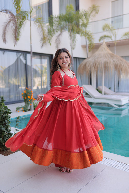 Rust Red Mul Chanderi Anarkali Kurta Set with Mirror Lace Work & Sequins Dupatta