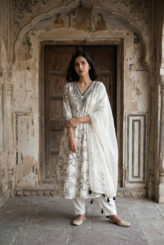 Off White French Crepe Anarkali Suit Set with Black Floral Print & Organza Dupatta