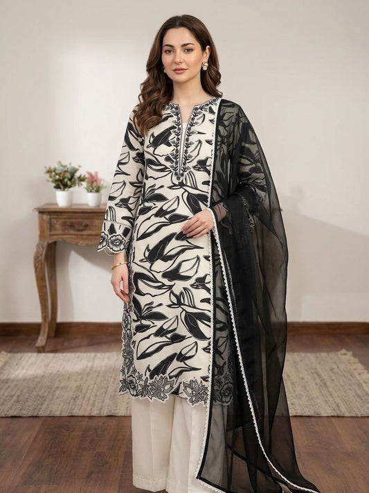 Off White Printed Muslin Pakistani Suit Set with Black Dupatta