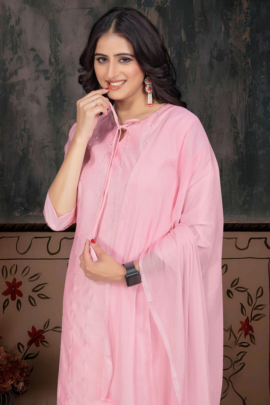 Baby Pink Cotton Blend Kurta Set with Tie-Up Neck & Solid Dupatta