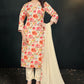 Cream Floral Printed Silk Blend Kurta Set with V-Neck & Solid Dupatta