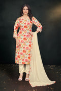 Cream Floral Printed Silk Blend Kurta Set with V-Neck & Solid Dupatta