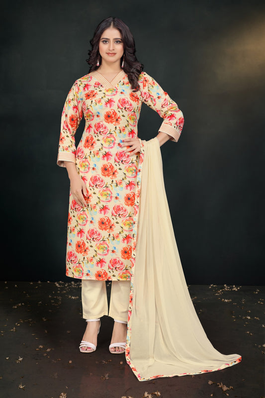 Cream Floral Printed Silk Blend Kurta Set with V-Neck & Solid Dupatta