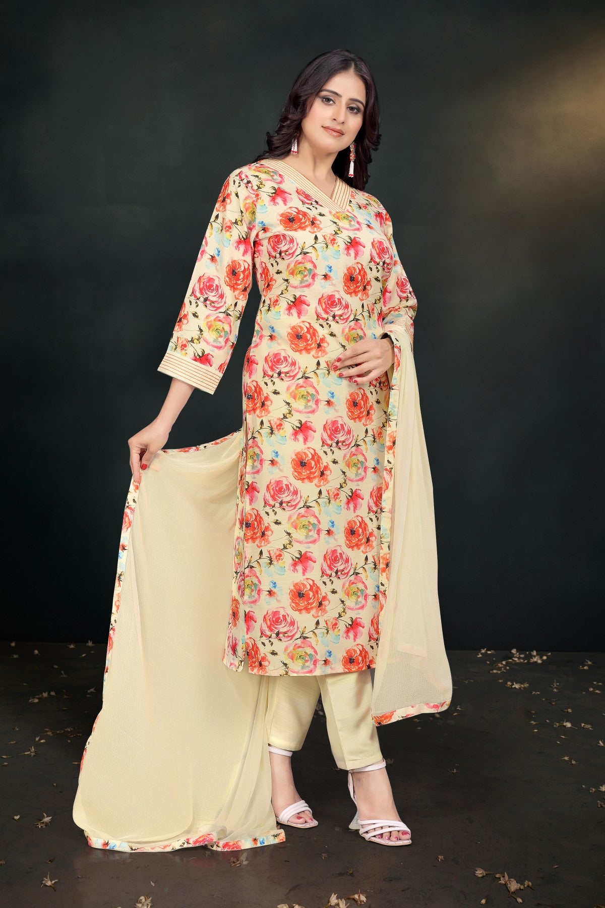 Cream Floral Printed Silk Blend Kurta Set with V-Neck & Solid Dupatta