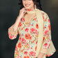 Cream Floral Printed Silk Blend Kurta Set with V-Neck & Solid Dupatta