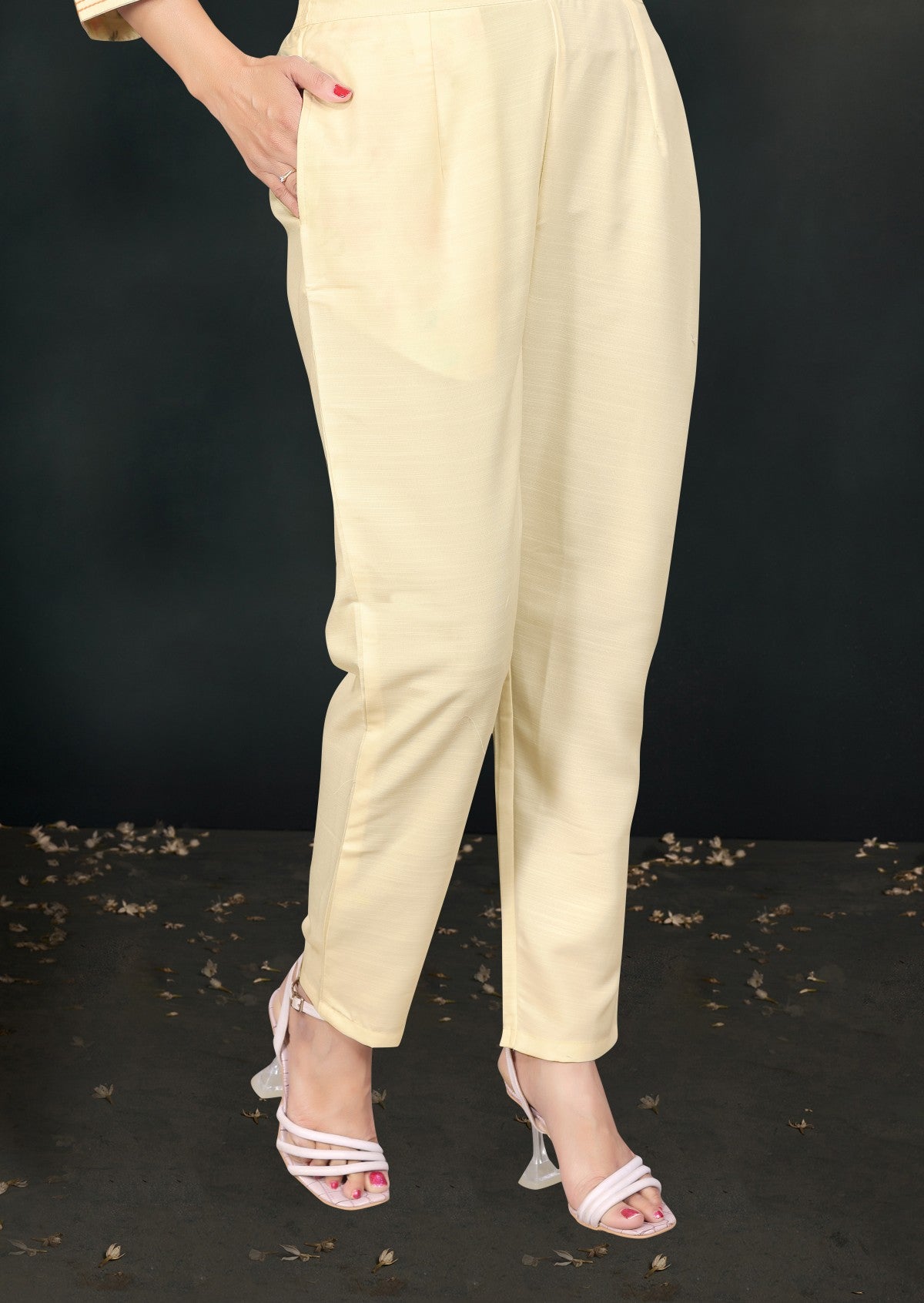 Cream Floral Printed Silk Blend Kurta Set with V-Neck & Solid Dupatta